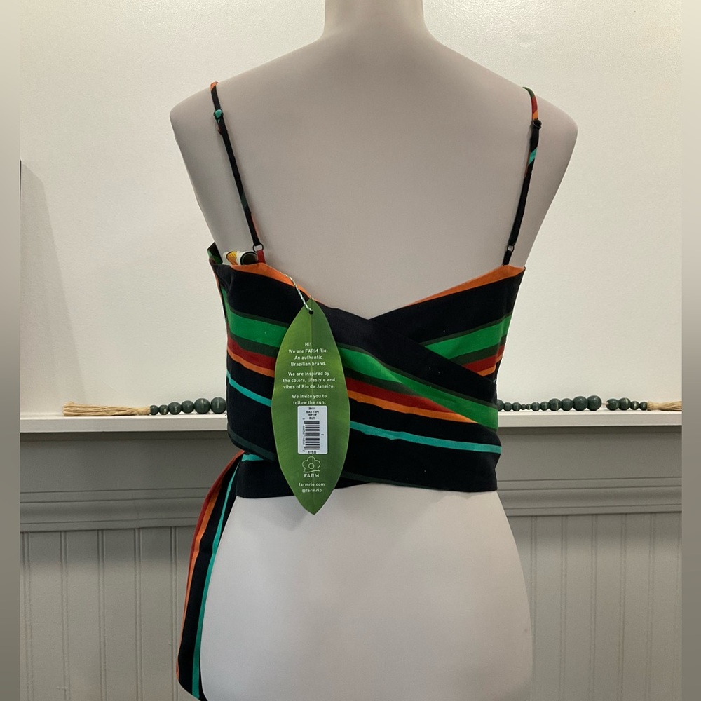 Farm Rio Striped Wrap Crop Top NWT Tassel Trim Embellished Tie Back S/M - Picture 3 of 4